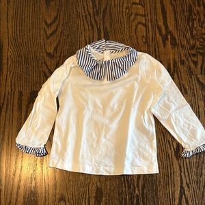 Jacadi Long Sleeve White and Blue Tee with Striped Accents